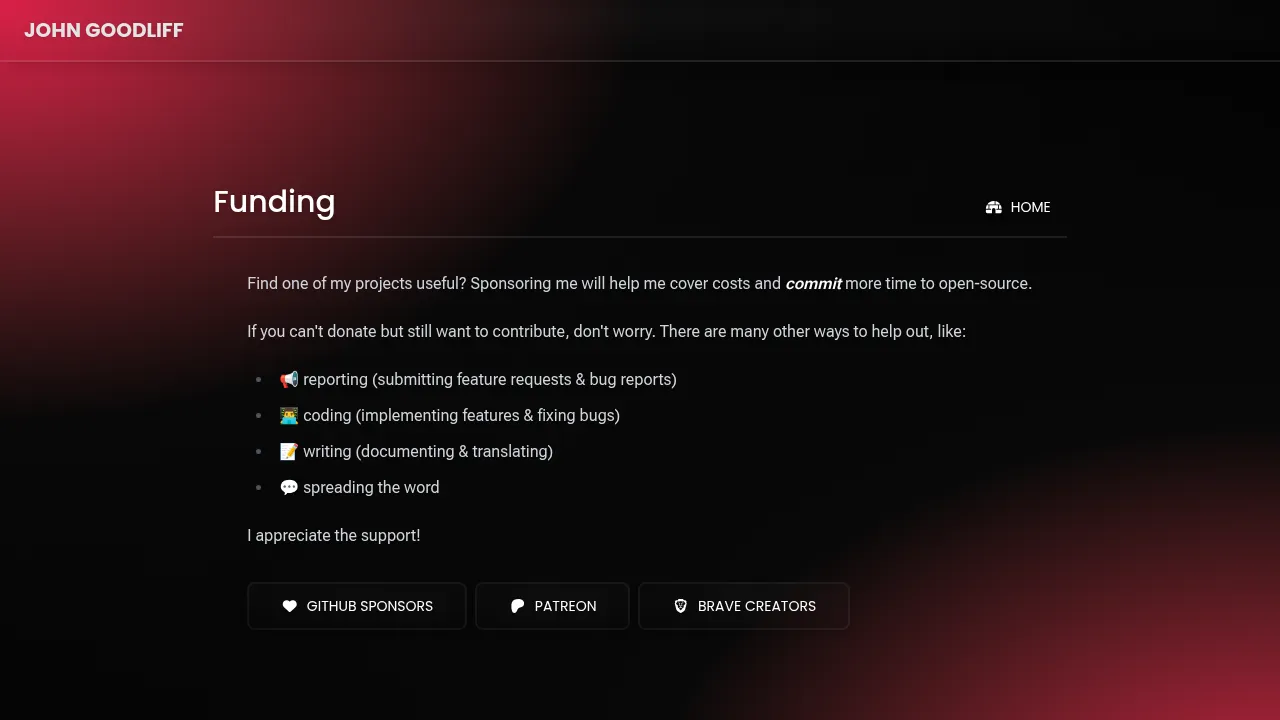 Screenshot of johng.io/funding