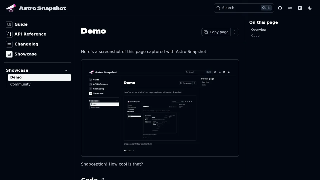 Screenshot of the Astro Snapshot Demo Page